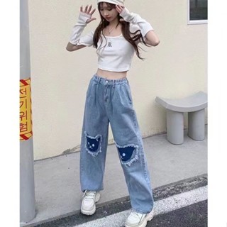 👖XS-2XL เกาหลีขนาดใหญ่การ์ตูนหมีแพทช์บางเอวสูงตรงน่ารักสบายๆย้อนยุคกางเกงยีนส์สีน้ำเงินขนาดเล็ก