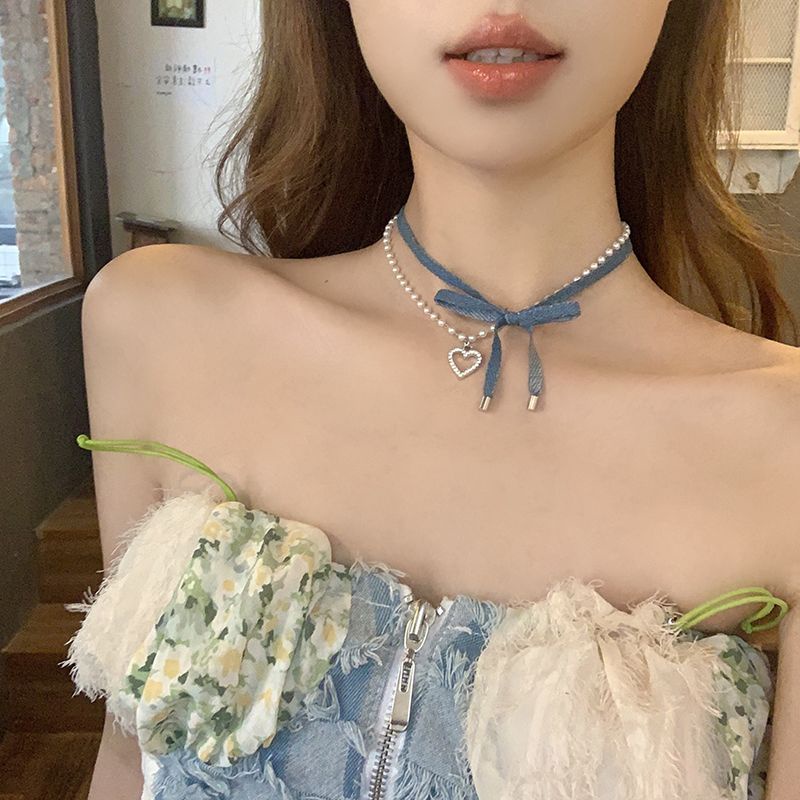 สร้อยคอโชคเกอร์ ผ้ายีน สองชั้น ประดับโบว์ ไข่มุก รูปหัวใจ เครื่องประดับ สําหรับเด็กผู้หญิง