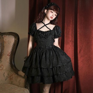 ◑Thorn rose Lolita ชุดเดิมแขนสั้น op สามขั้นตอน dark gothic สีทึบ lo กระโปรงจุด