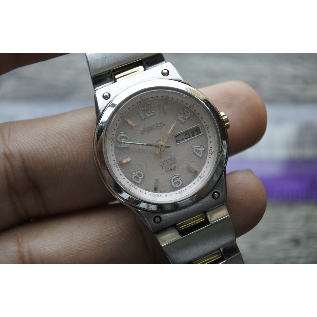 นาฬิกา Vintage มือสองญี่ปุ่น CITIZEN WICCA ระบบ ECO DRIVE ผู้หญิง ทรงกลม กรอบเงิน หน้าปัด27มม