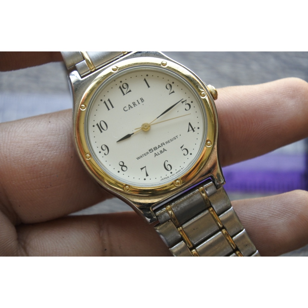 นาฬิกา Vintage มือสองญี่ปุ่น Alba Carib V701 6370 ระบบ QUARTZ ผู้หญิง ทรงกลม หน้าขาว หน้าปัด32มม