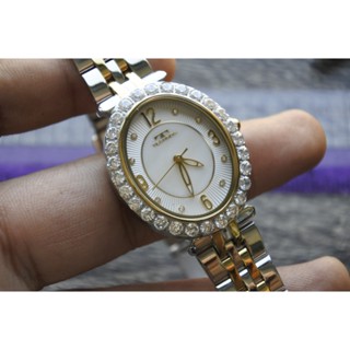 นาฬิกา Vintage มือสองญี่ปุ่น Technos ระบบ QUARTZ ผู้หญิง รูปไข่ กรอบเพชร หน้าขาว หน้าปัด30มม