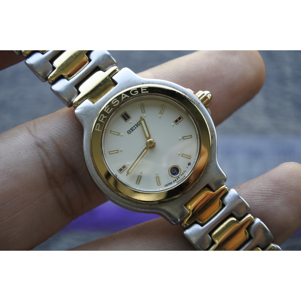 นาฬิกา Vintage มือสองญี่ปุ่น Seiko Presage 3E29 0100 ระบบ QUARTZ ผู้หญิง ทรงกลม กรอบทอง หน้าปัด28มม