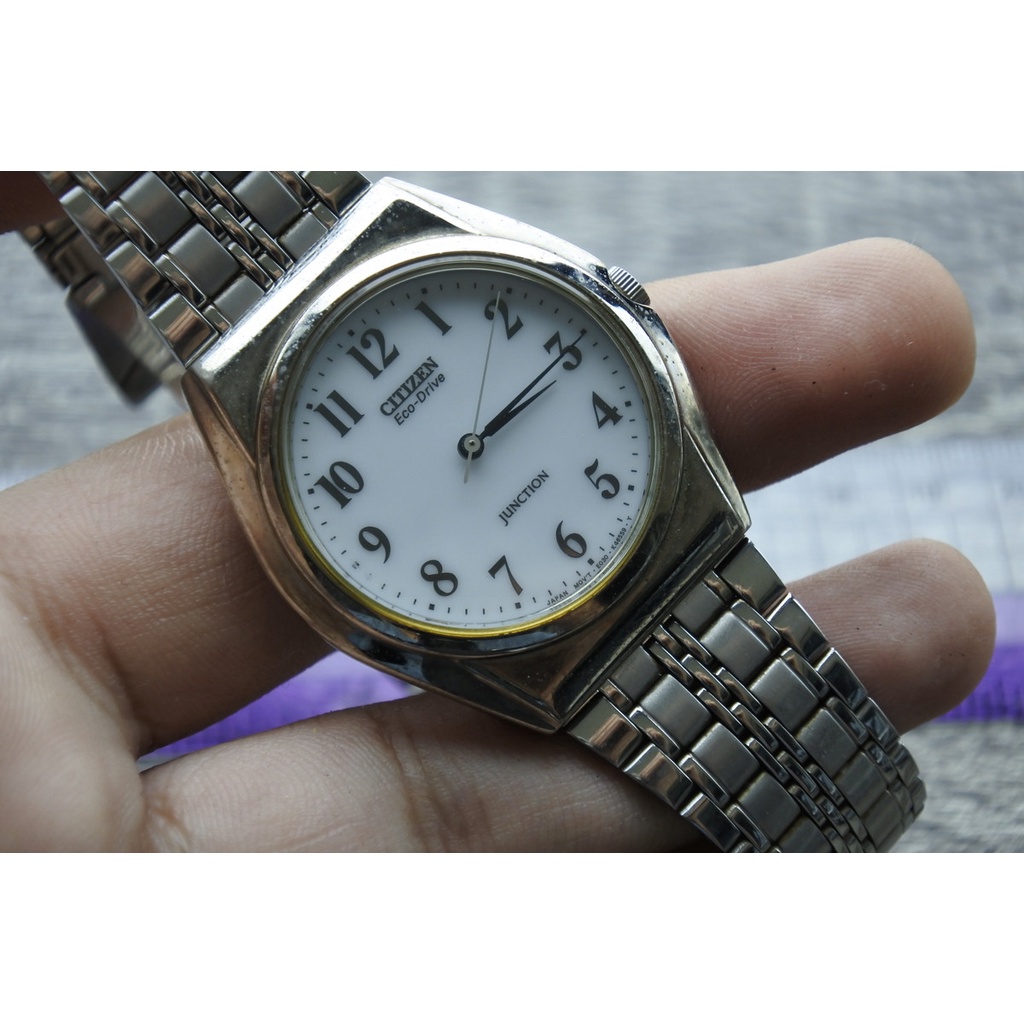 นาฬิกา Vintage มือสองญี่ปุ่น CITIZEN ECO DRIVE ระบบ Solar ผู้ชาย ทรงกลม กรอบเงิน หน้าขาว หน้าปัด35มม