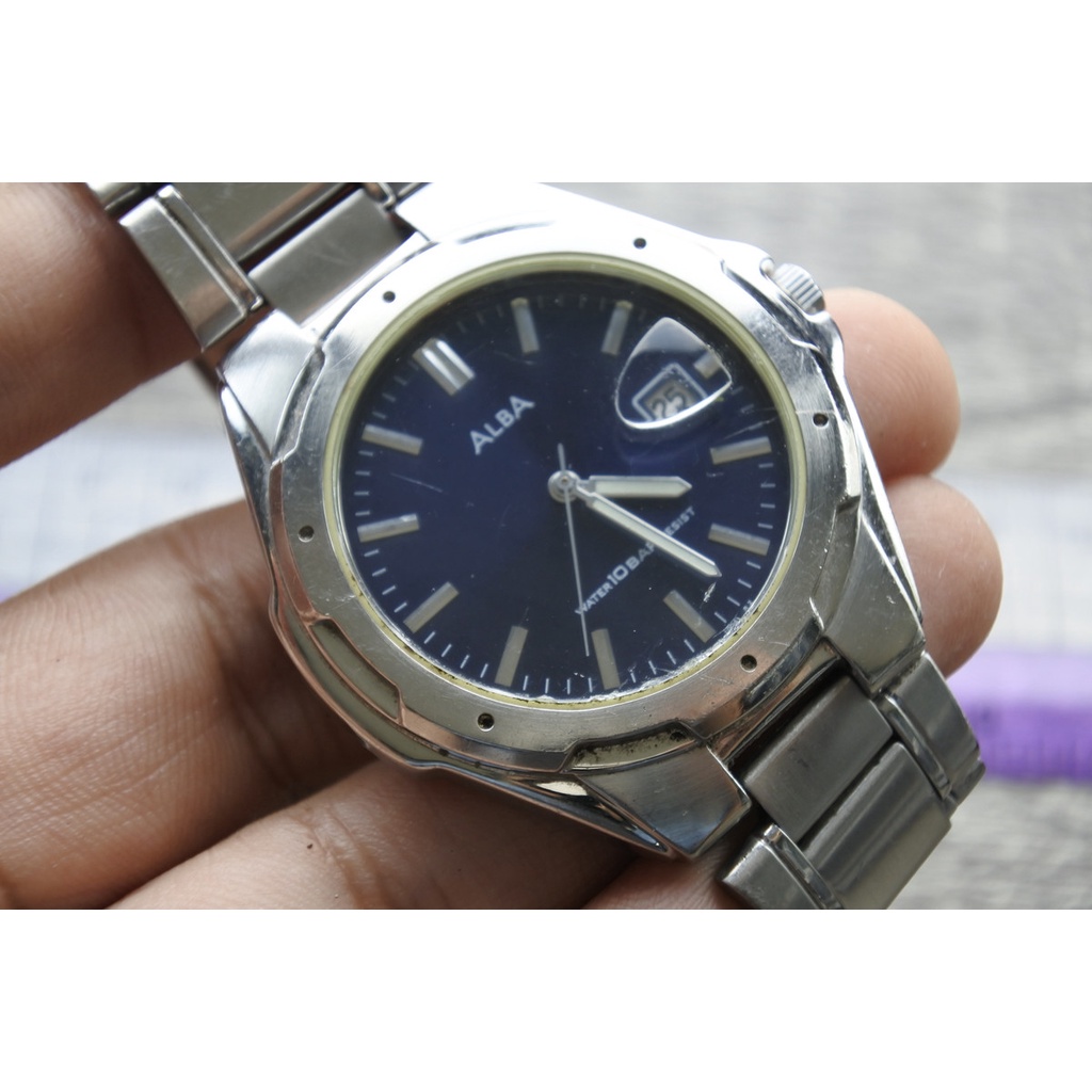 นาฬิกา Vintage มือสองญี่ปุ่น Alba V732 0S00 ระบบ QUARTZ ผู้ชาย ทรงกลม กรอบเงิน หน้าสีน้ำเงิน หน้าปัด41มม