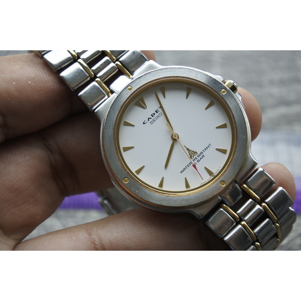 นาฬิกา Vintage มือสองญี่ปุ่น Seiko CADET ระบบ QUARTZ ผู้ชาย ทรงกลม กรอบทอง หน้าขาว หน้าปัด36มม