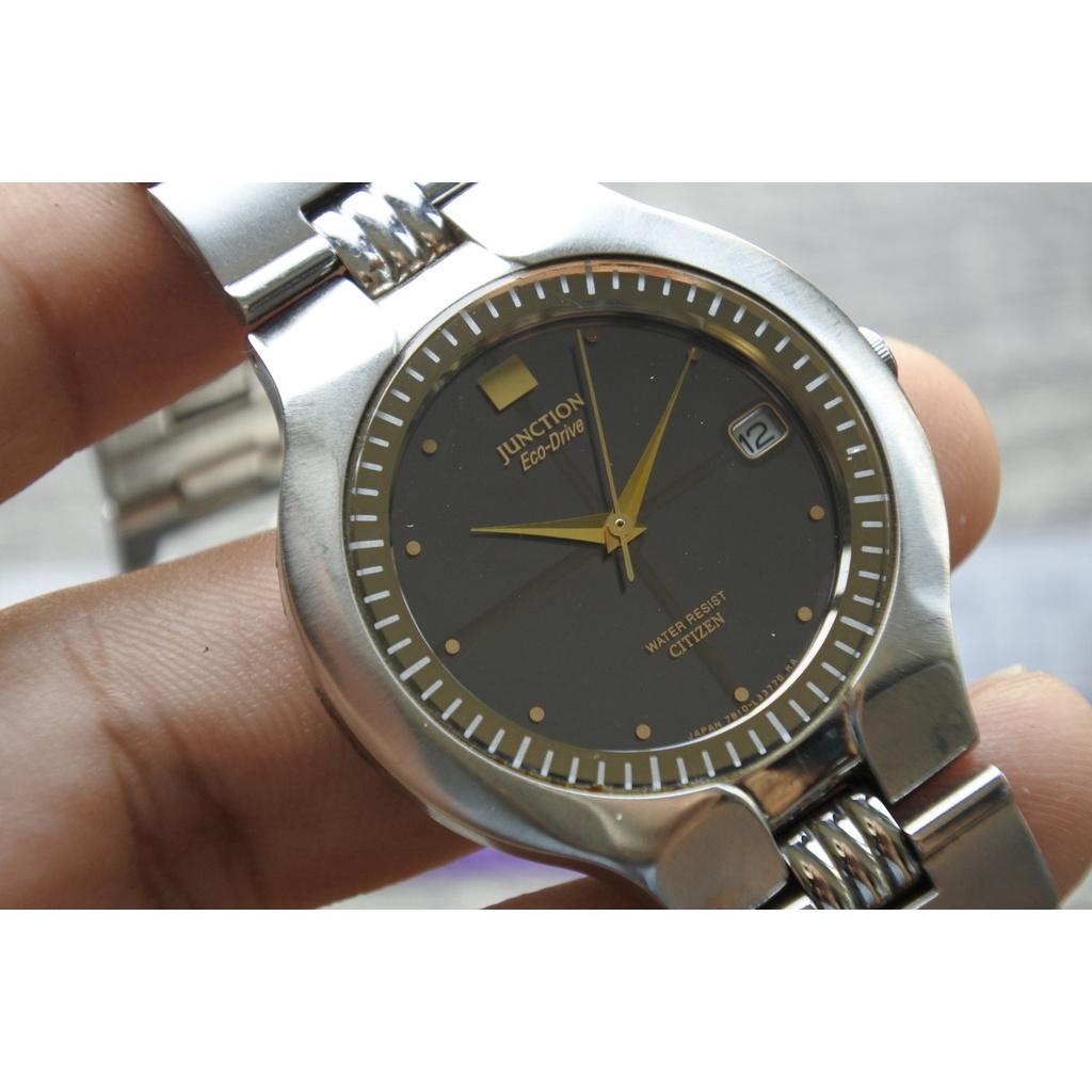 นาฬิกา Vintage มือสองญี่ปุ่น CITIZEN ECO DRIVE ระบบ SOLAR ผู้ชาย ทรงกลม กรอบดำ หน้าดำ หน้าปัด35มม