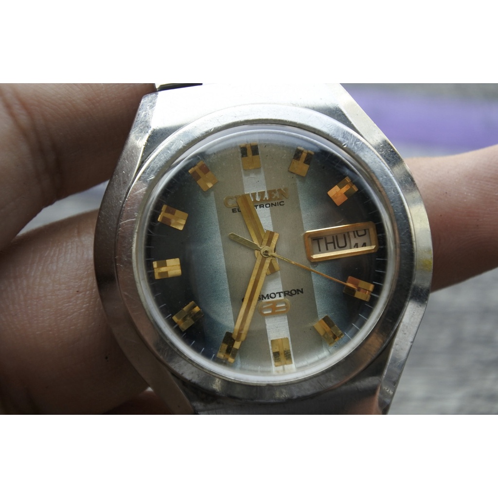 นาฬิกา Vintage มือสองญี่ปุ่น Citizen Electronic Cosmotron ระบบ QUARTZ ผู้ชาย ทรงกลม กรอบเงิน หน้าสีน้ำเงิน หน้าปัด44มม