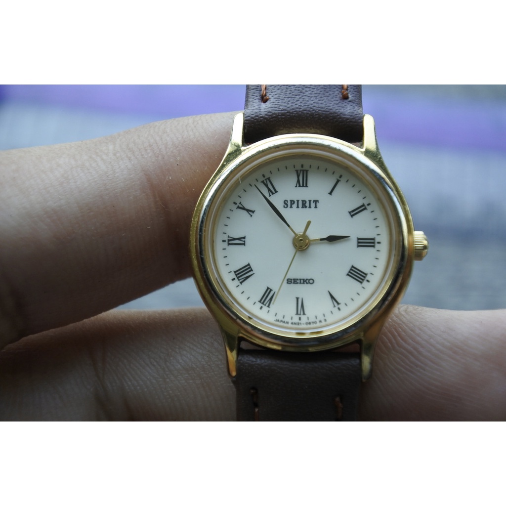นาฬิกา Vintage มือสองญี่ปุ่น SEIKO 4N21 0450 ระบบ QUARTZ ผู้หญิง ทรงกลม กรอบทอง หน้าปัดตัวเลขโรมัน หน้าปัด24มม