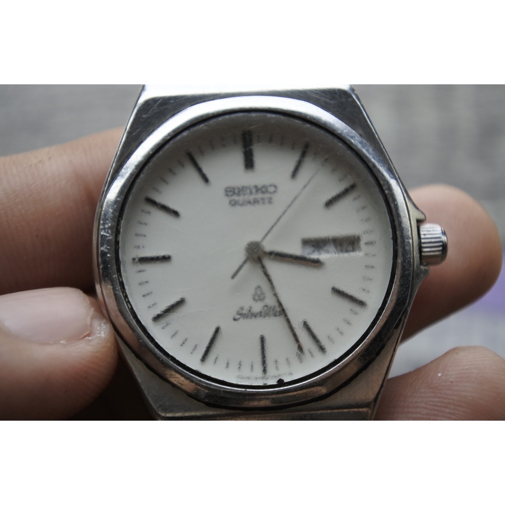 นาฬิกา Vintage มือสองญี่ปุ่น SEIKO SILVERWAVE 6433 77000 ระบบ QUARTZ ผู้ชาย ทรงกลม กรอบเงิน หน้าขาว หน้าปัด37มม