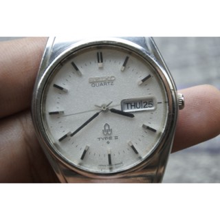 นาฬิกา Vintage มือสองญี่ปุ่น SEIKO TYPE II 7546 8080 ระบบ QUARTZ ผู้ชาย ทรงกลม กรอบเงิน หน้าขาว หน้าปัด37มม