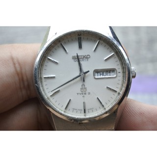 นาฬิกา Vintage มือสองญี่ปุ่น SEIKO TYPE II 7546 8070 ระบบ QUARTZ ผู้ชาย ทรงกลม กรอบเงิน หน้าขาว หน้าปัด37มม