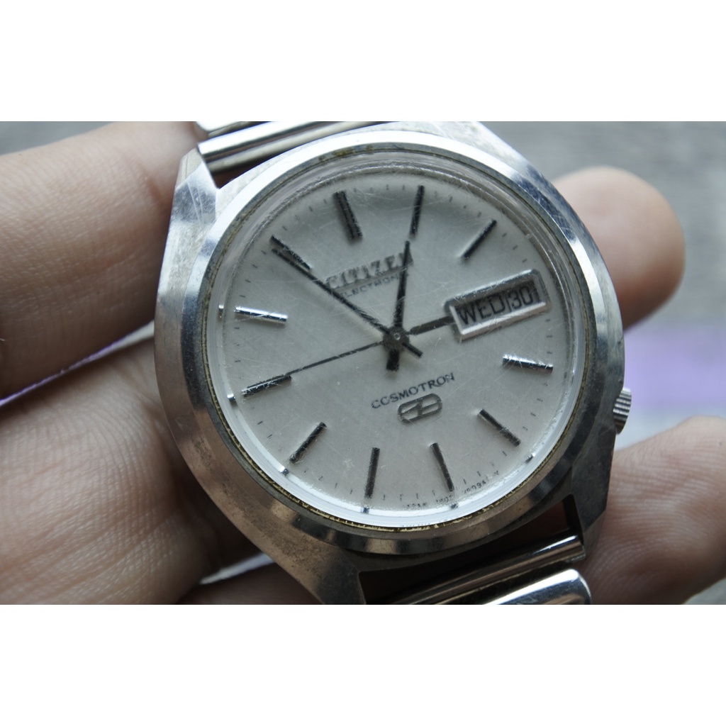 นาฬิกา Vintage มือสองญี่ปุ่น Citizen Electronic Cosmotron ระบบ QUARTZ ผู้ชาย ทรงกลม กรอบเงิน หน้าขาว หน้าปัด37มม