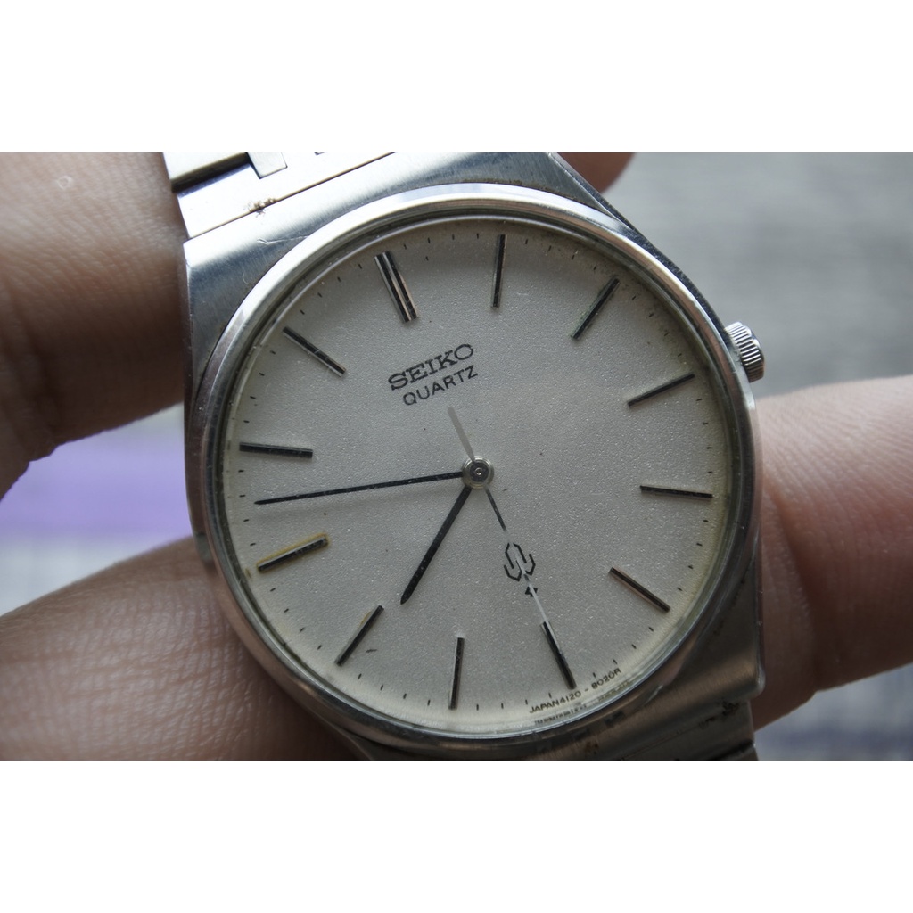 นาฬิกา Vintage มือสองญี่ปุ่น SEIKO 4120 8020 ระบบ QUARTZ ผู้ชาย ทรงกลม กรอบเงิน หน้าขาว หน้าปัด35มม