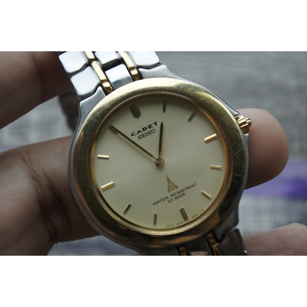 นาฬิกา Vintage มือสองญี่ปุ่น SEIKO CADET 5E30 6A40 ระบบ QUARTZ ผู้ชาย ทรงกลม กรอบทอง หน้าทอง หน้าปัด36มม