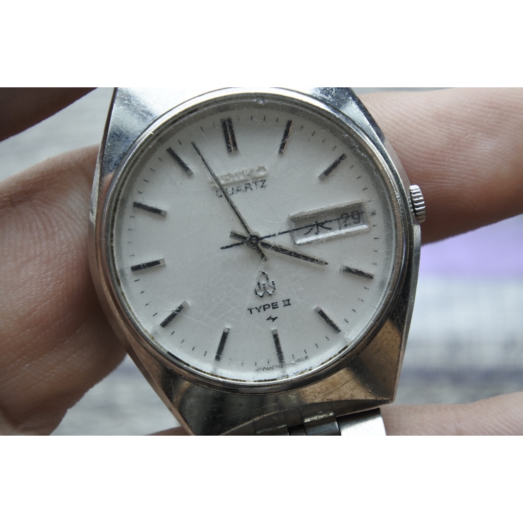 นาฬิกา Vintage มือสองญี่ปุ่น SEIKO TYPE II 7123 7000 ระบบ QUARTZ ผู้ชาย ทรงกลม กรอบเงิน หน้าขาว หน้าปัด36มม