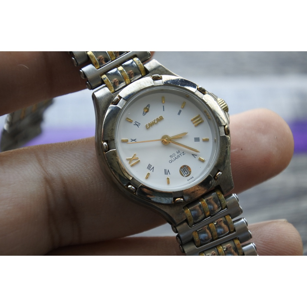 นาฬิกา Vintage มือสองญี่ปุ่น ENICAR SWISS MADE ระบบ QUARTZ ผู้หญิง ทรงกลม กรอบเงิน หน้าปัดตัวเลขโรมั