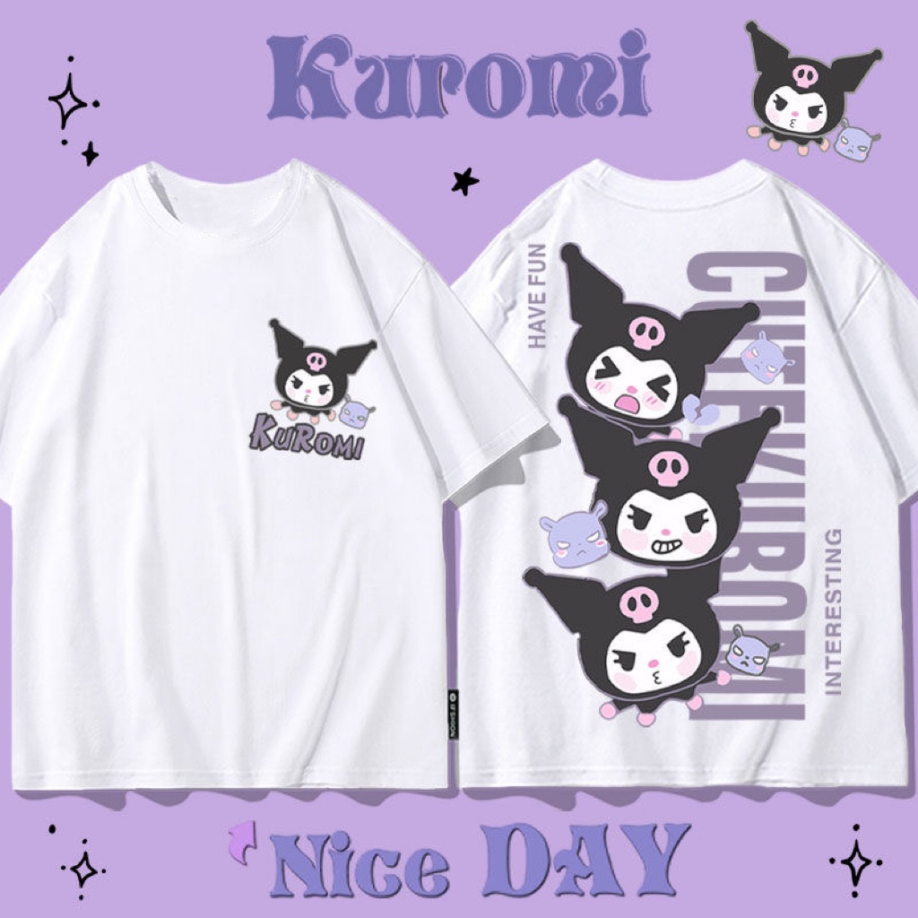 Kuromi เสื้อยืดผู้หญิงแขนสั้นเวอร์ชั่นเกาหลีเสื้อยืดการ์ตูนผ้าฝ้ายแท้ครึ่งแขนสวมใส่สบายในฤดูร้อน