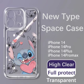 เคสโทรศัพท์มือถือแบบนิ่ม ใส กันรอยเลนส์กล้อง ลายการ์ตูน Stitch น่ารัก สําหรับ iphone 14promax 11 12 13 7Plus X XR XSMax