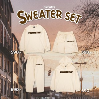 Urthe - ชุดเซ็ต เสื้อฮู้ดดี้ แขนยาว กันหนาว สีครีม รุ่น HOODIE SWEATER CREAM SET