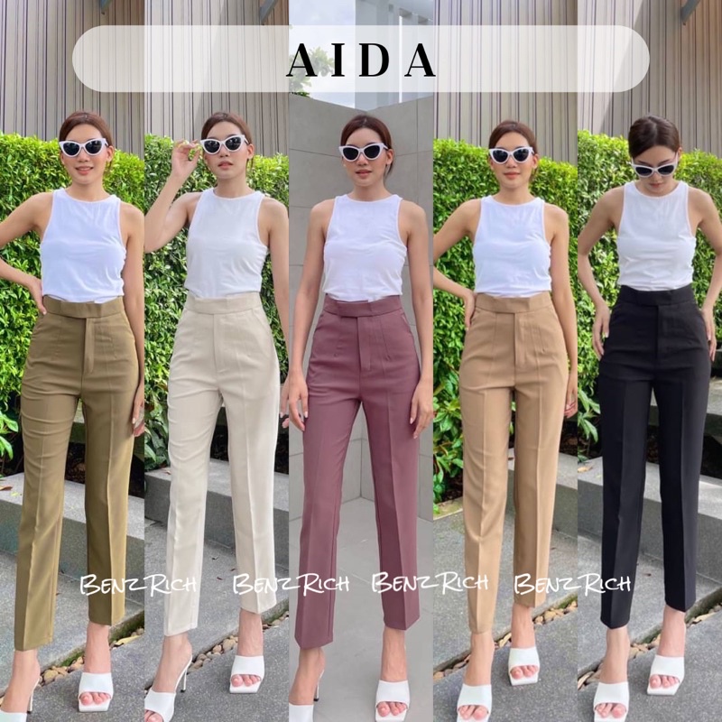 ขอบยื่นตะขอ 9 ส่วน ขากระบอกเล็ก (S-XL) เอวสูง กางเกงแฟชั่นกางเกงทำงาน