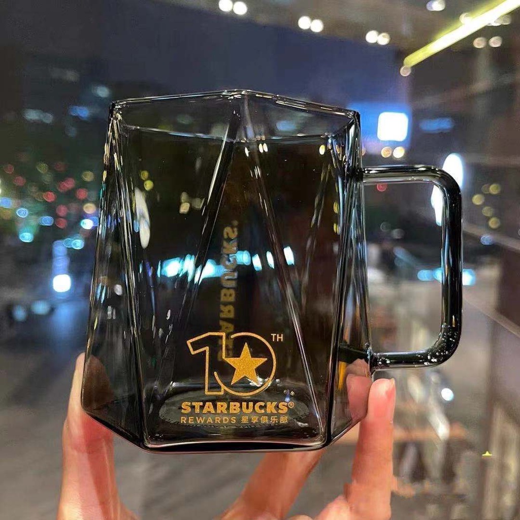 ♛❣Starbucks Cup 10th Anniversary Series Sparkling Black Plaid สามมิติ Sectioned Glass Straw Mark Thermos Cup