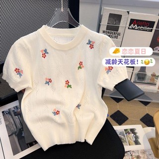 Yuexun เสื้อกันหนาวแขนสั้น ผ้าถัก ปักลายดอกไม้ สําหรับผู้หญิง 2023