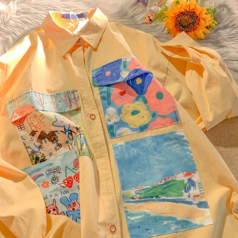 พร้อมส่ง เสื้อเชิ้ตลายดอกสีน้ำมันครีมเหลืองทรงหลวมบางสไตล์วิทยาลัยน่ารักใส่สบายเสื้อสไตล์เกาหลี