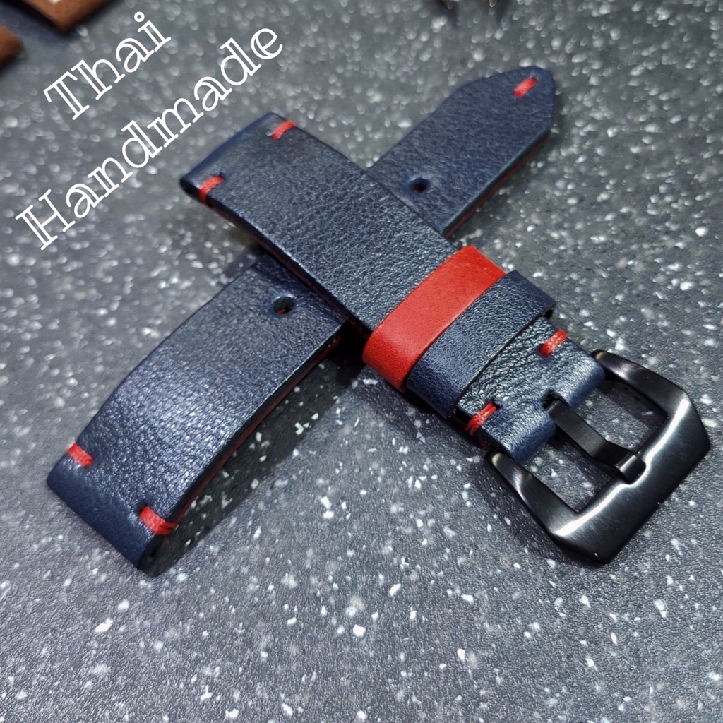สายนาฬิกาหนังแท้ สีน้ำเงิน-แดง #รุ่น Navy Blue_Red งานhandmadeเย็บมือ มีขนาด18mm.19mm.20mm.21mm.22mm.23mm.24mm.แถมฟรีสปร