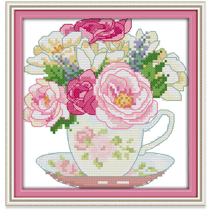 ปักครอสติส ครอสติสแบบปัก ดอกไม้ 14/11CT ผ้าพิมพ์ลาย