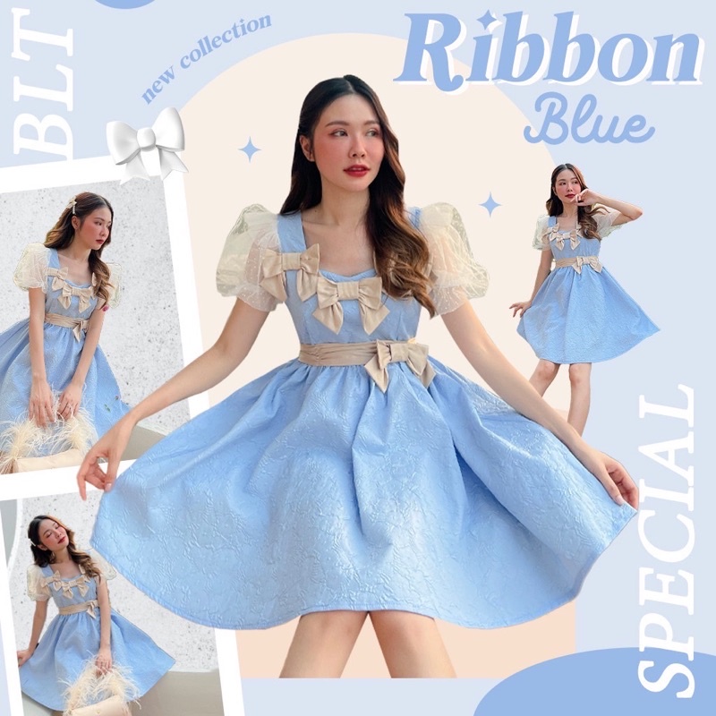 สินค้ามือสอง👗 BLT Brand เดรสสีฟ้า SP37 Ribbon Blue : Minidress size S ใส่ครั้งเดียว