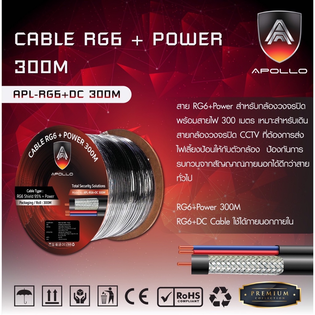Apollo RG6+Power 300M Coaxial Cable สายสัญญาณกล้องวงจรปิด+ไฟ AC/DC Shield 95% สายอากาศทีวี TV CCTV