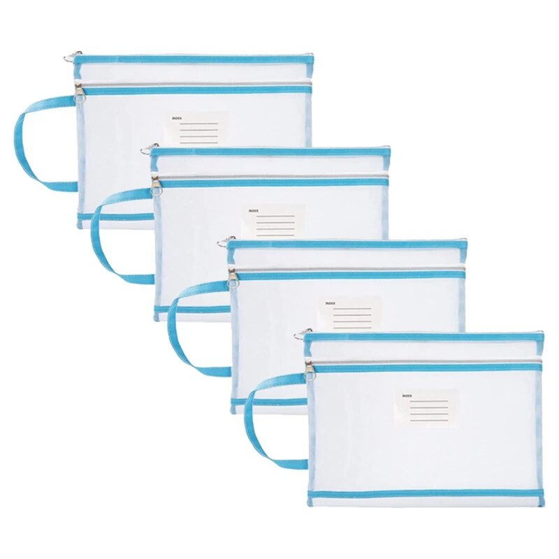92m 4Pcs Mesh Zipper Pouch Translucent A4 Document Bag Book File Folders A4 Mesh Zip Folder Blue kK6