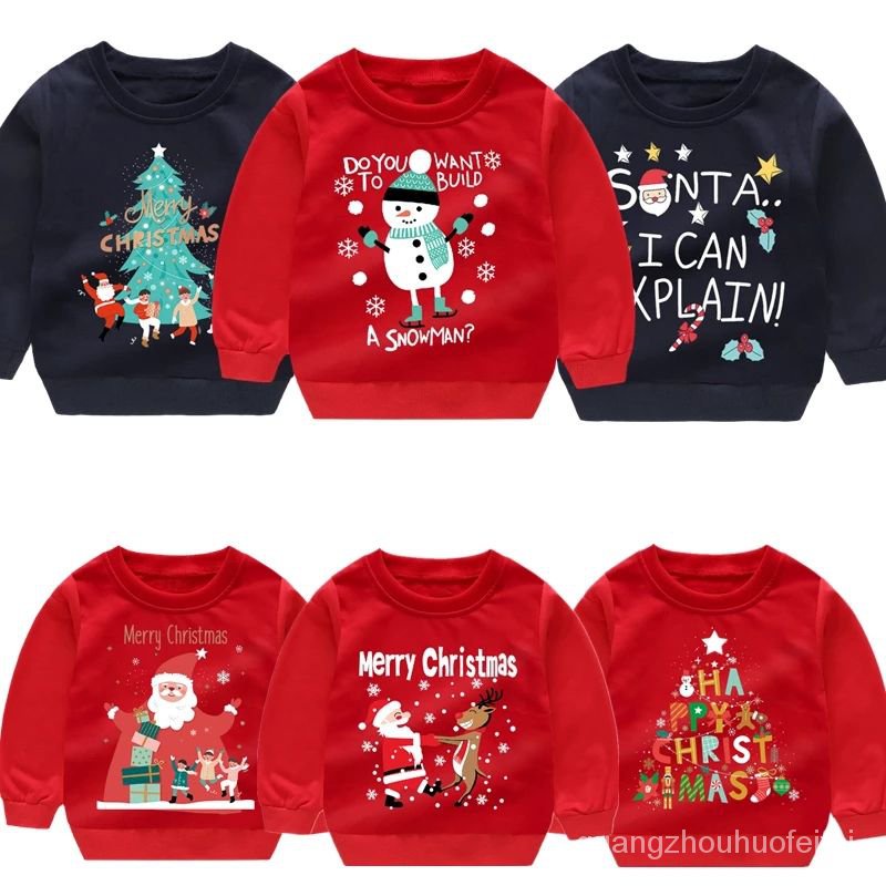 Christmas Sweater เด็กซานตาคลอสตุ๊กตาหิมะกวางหลากหลายรูปแบบการ์ตูนน่ารักพิมพ์ลายสีแดงแขนยาวเสื้อคริสต์มาส