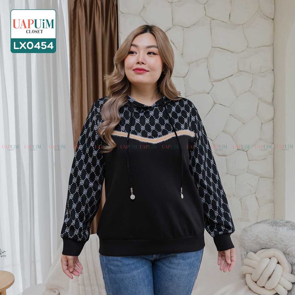 (LX0454)เสื้อกันหนาวสาวอวบสเวตเตอร์ ช่วงด้านบนและช่วงแขนพิมพ์ลายสวยงาม มีฮู๊ด(ถอดไม่ได้) เนื้อผ้ายืดหยุ่น