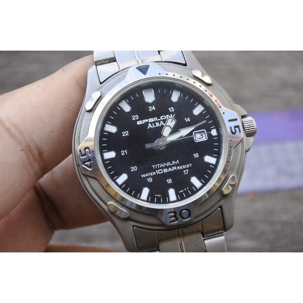 นาฬิกา Vintage มือสองญี่ปุ่น ALBA Epsilon Titanium V732 0R90 หน้าดำ ผู้ชาย ทรงกลม Quartz ขนาด39mm ใช้งานได้ปกติ ของแท้