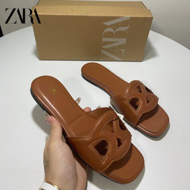 Zara Square Toe รองเท้าแตะแบน Casual สวมใส่ด้านนอกสีน้ําตาล Hollow Lazy รองเท้าแตะเปิดนิ้วเท้ารองเท้าชายหาดผู้หญิง