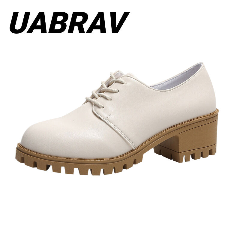 UABRAV.ใหม ่ Retro Chunky Heel รองเท ้ าผู ้ หญิงสไตล ์ เกาหลีนักเรียนกลางส ้ น Lace-up ปั ๊ มแพลตฟอร ์ มรองเท ้ าหนังลําลอง(ขนาด:35-40)