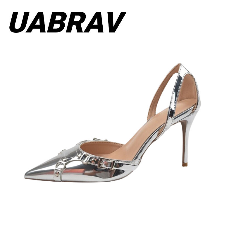 UABRAV.ใหม่ รองเท้าส้นเข็ม หัวแหลม ประดับหมุด สีดํา เซ็กซี่ สไตล์ยุโรป และอเมริกา สําหรับผู้หญิง(ขนาด:35-40)