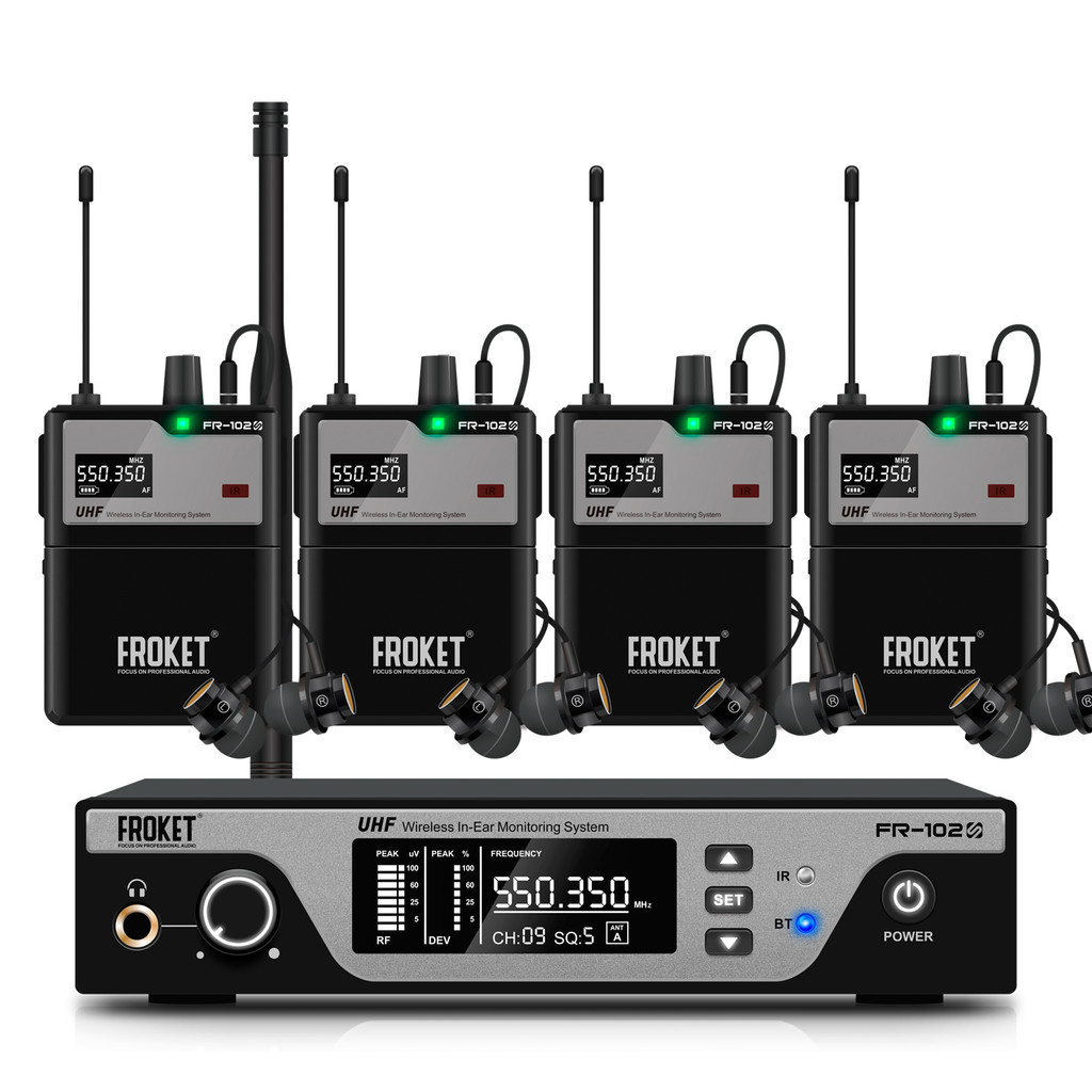 Portable 4-Channel FR-102 Wireless Ear Monitor System 120DB Professional Singing Sound System with Headset Microphone