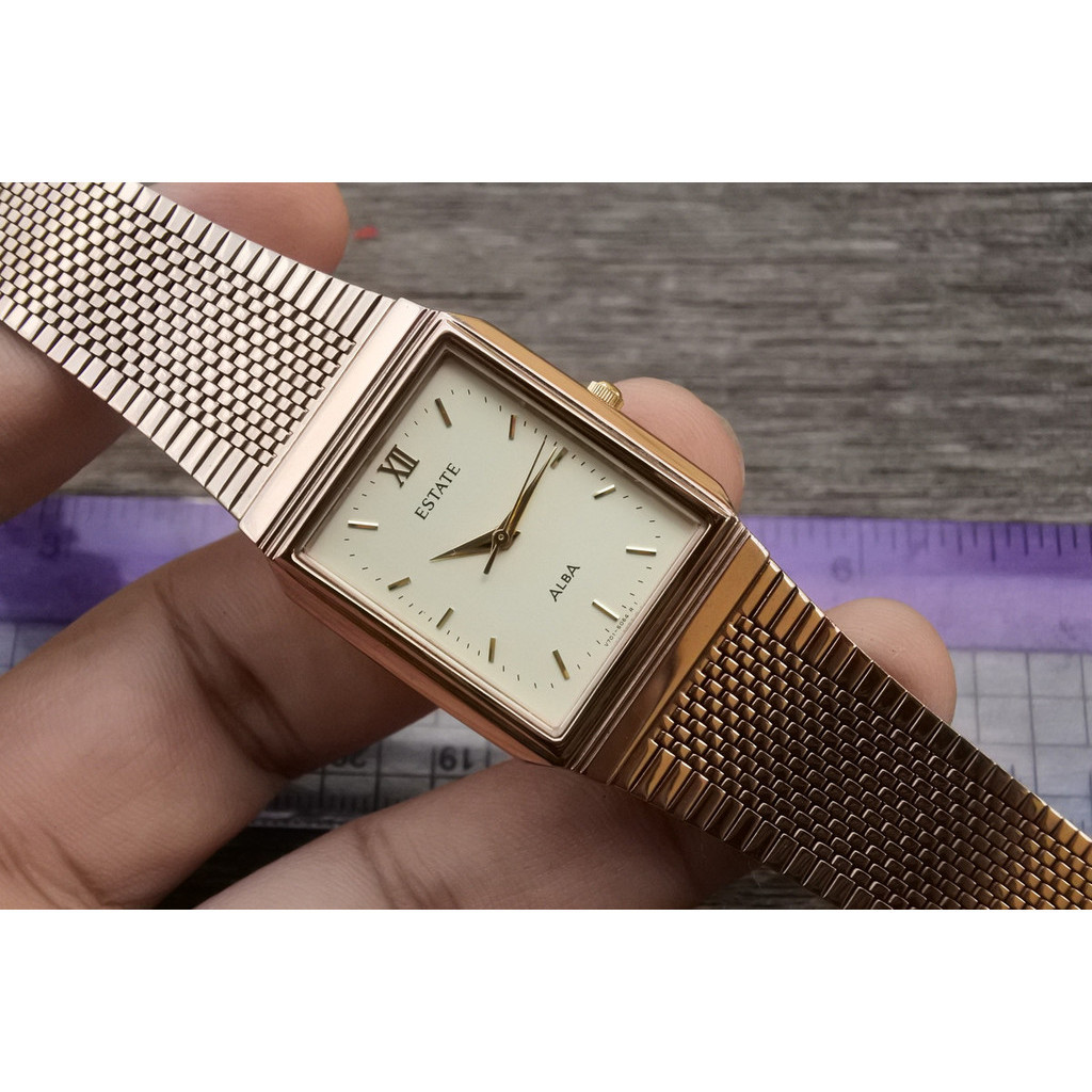 นาฬิกา Vintage มือสองญี่ปุ่น Alba Estate V701 5000 Yellow Dial ผู้หญิง ทรงสี่เหลี่ยม ระบบ Quartz ขนา