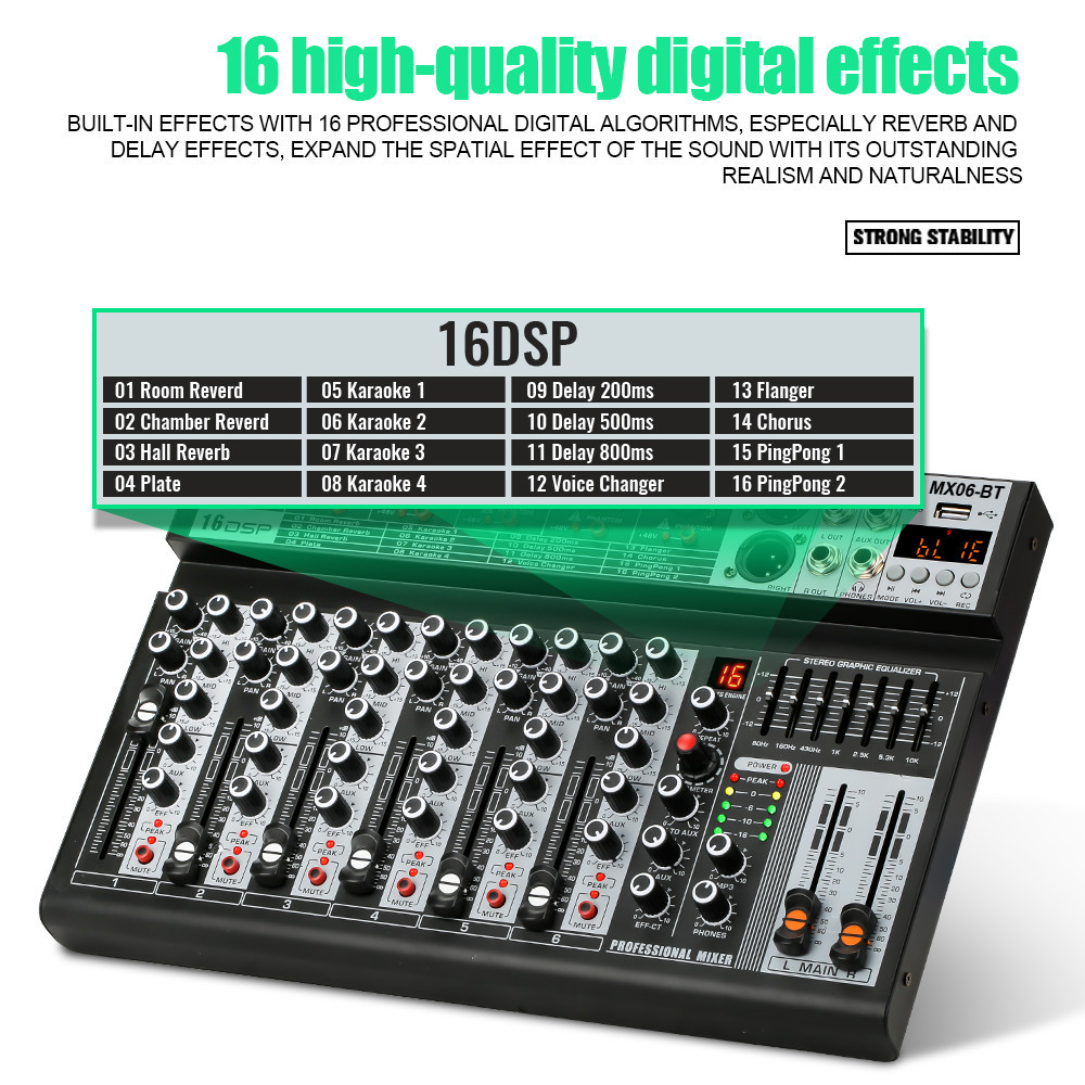 NEW BAXS 6 ช่องโทนเสียง MX06BT AUDIO MIXER มาพร้อมกับ Equalizer 16DSP Effecter รองรับการเล่น Bluetooth / USB / MP3