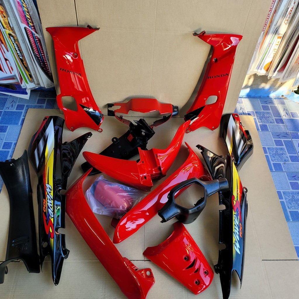 ชุดสี wave100s เวฟ100s สีแดงดำ พร้อมชิ้นดำด้าน3ชิ้น
