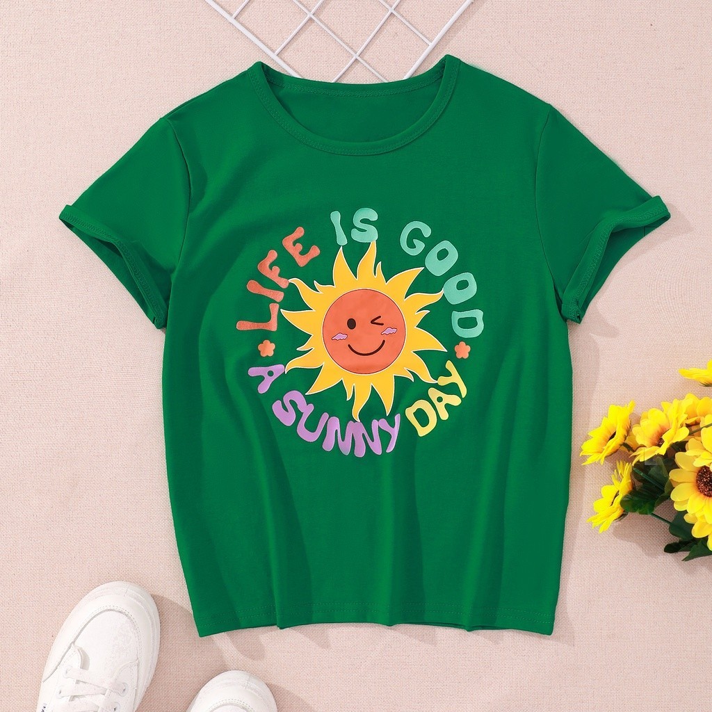 【COD】2024 T Shirt Girl and Boy 8 9 10 11 12 Years Summer New Children Clothes Short Sleeve Green T-s