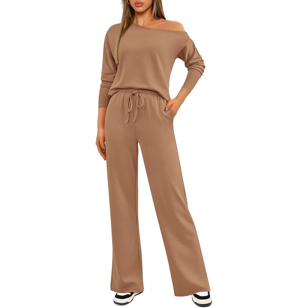 FashionKIRUNDO Womens Fall 2 Piece Outfits 2024 Long Sleeve Off Shoulder Tops & Drawstring Wide Leg 