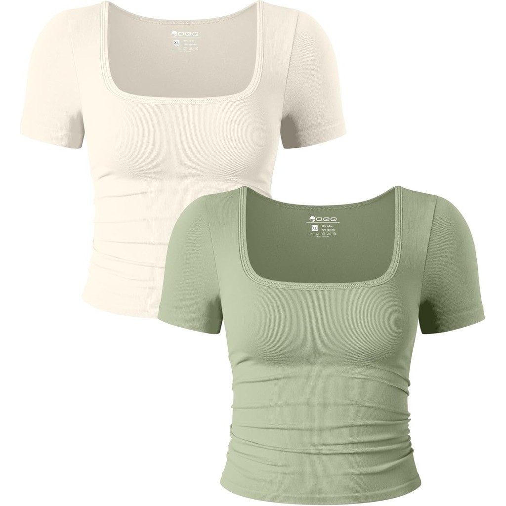 FashionOQQ Womens 2 Piece Shirts Short Sleeve Ruched Square Neck Stretch Fitted Tee Shirts Crop Tops