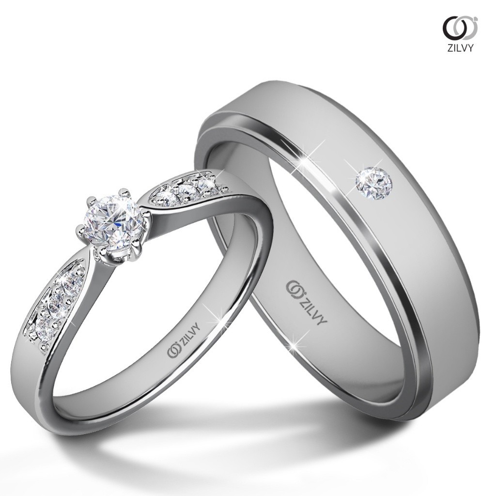 Zilvy - แหวนคู่เพชรน้ำร้อย (GR1296/BR408) ตัวเรือนเงินแท้ชุบทองคำขาว