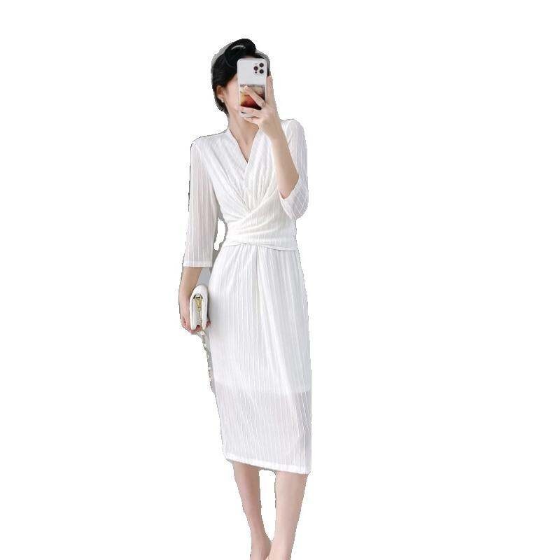 Pg DVF spring-summer French style slim wrap skirt white flower high waist long dress H-profile A-lin