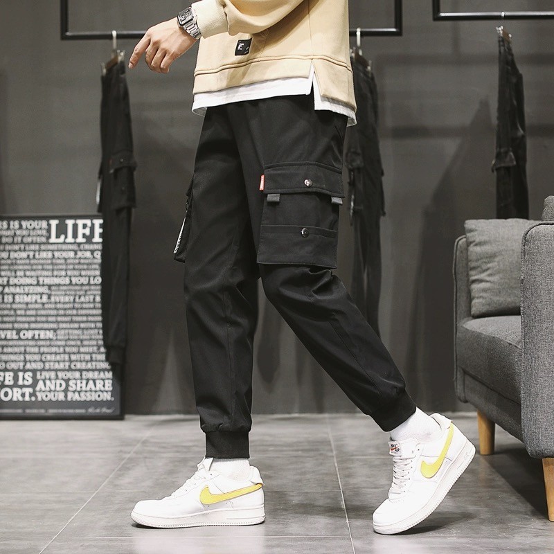 【COD】Classic Design Multi Pocket Cargo Pants, Men's Casual Loose Fit Drawstring Cargo Pants/Joggers 