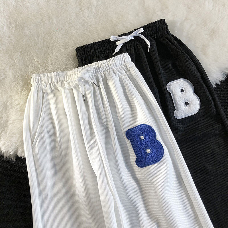 【COD】HIGH QUALITY Unisex fashion loose widen waffle pants B pants couple pant street style black